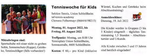 Tenniswoche für Kids: 01. August bis 05. August